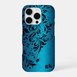 Elegant Dark Blue Floral Swirl On Metallic Blue iPhone 16 Pro Case
