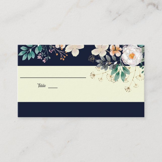 Elegant Dark Blue floral Wedding place card (Front)