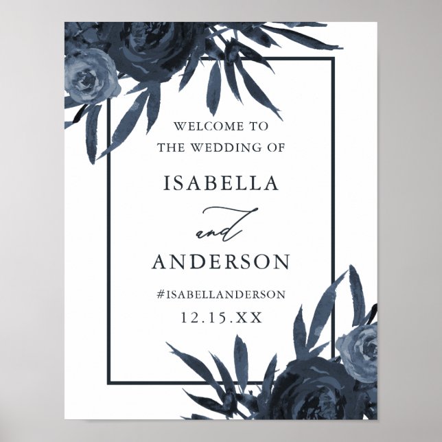 Elegant Dark Blue Floral Wedding Welcome Sign (Front)