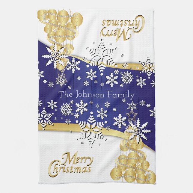 Elegant Dark Blue, Gold and White Christmas Tea Towel (Vertical)