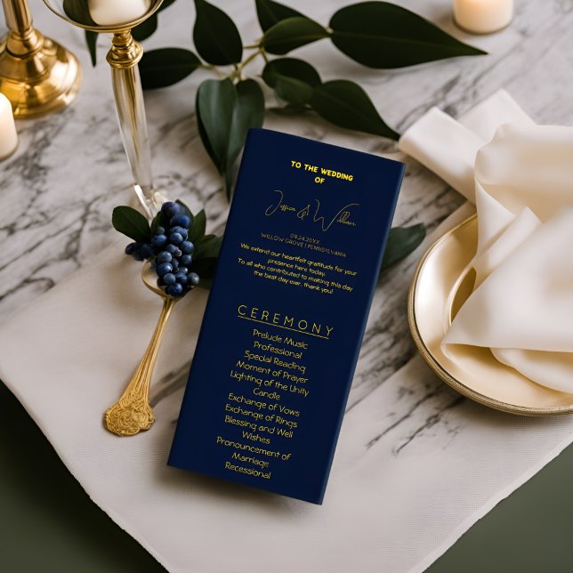 Elegant Dark blue & gold Wedding Program classy  Programme (Creator Uploaded)