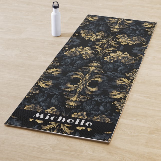 Elegant Dark Blue Grey Black Gold Flower Victorian Yoga Mat (In Situ)