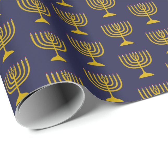 Elegant Dark Blue | Hanukkah | MENORAH Wrapping Paper (Roll Corner)