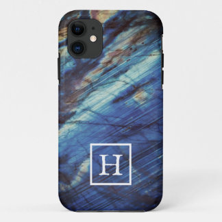 Elegant Dark Blue Labradorite Monogram iPhone 11 Case
