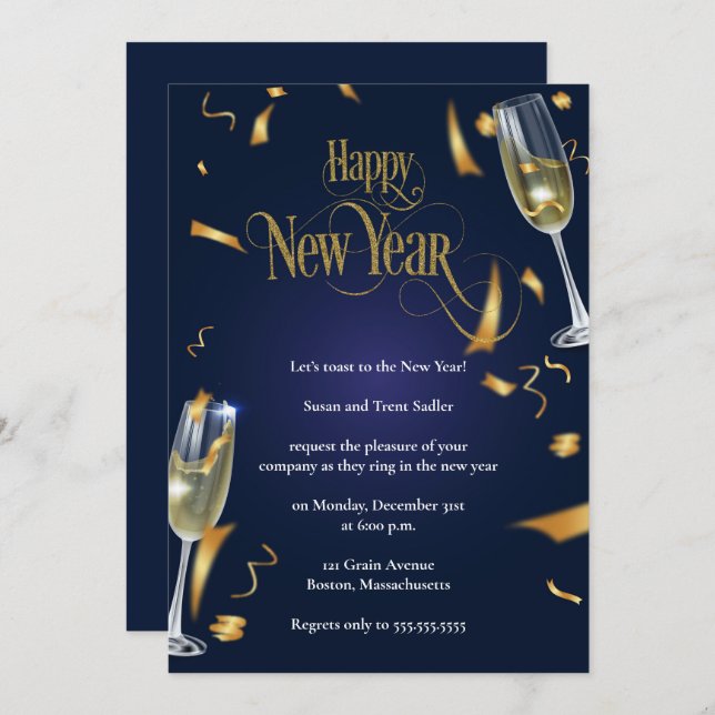 Elegant Dark Blue New Years Eve Party Invitation (Front/Back)