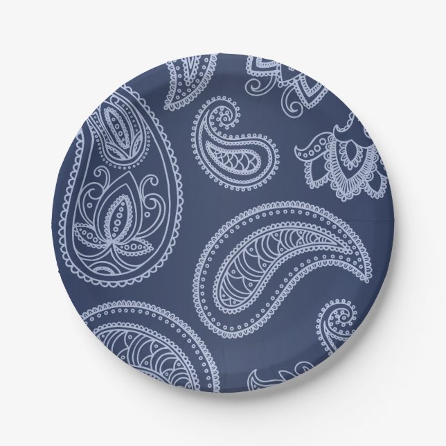 Elegant dark blue paisley pattern paper plate (Front)