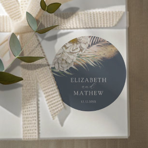 Elegant Dark Blue Pampas Grass Wedding Classic Round Sticker