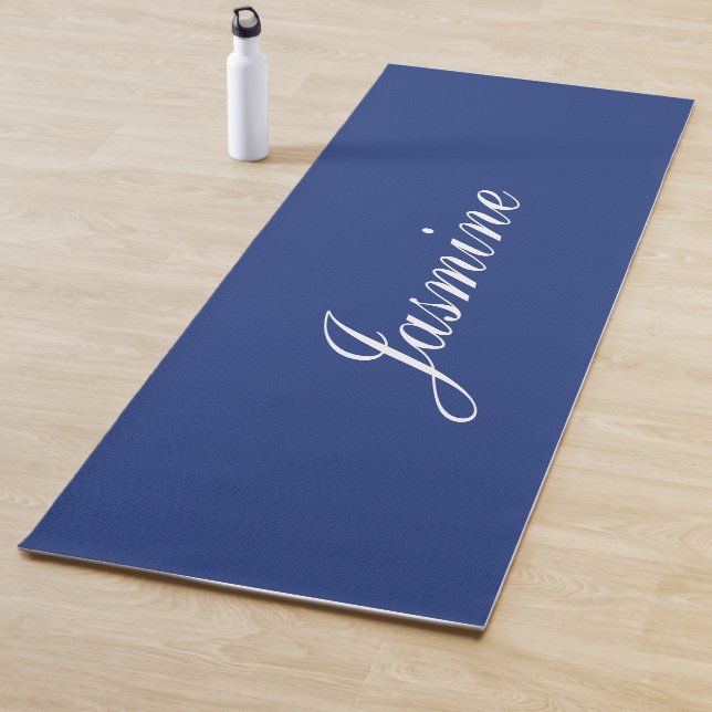 Elegant Dark Blue Personalised Name Yoga Mat (In Situ)