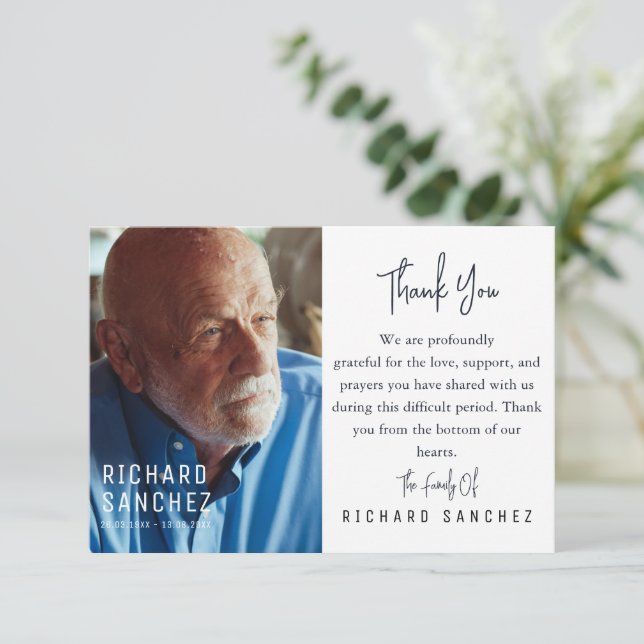 Elegant Dark Blue Photo Funeral Thank You Card (Standing Front)