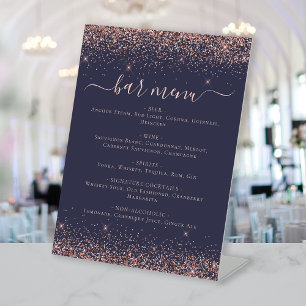 Elegant Dark Blue Rose Gold Glitter Bar Menu Pedestal Sign