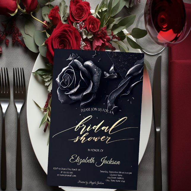Elegant Dark Blue Roses Gothic Bridal Shower  Invitation (Creator Uploaded)