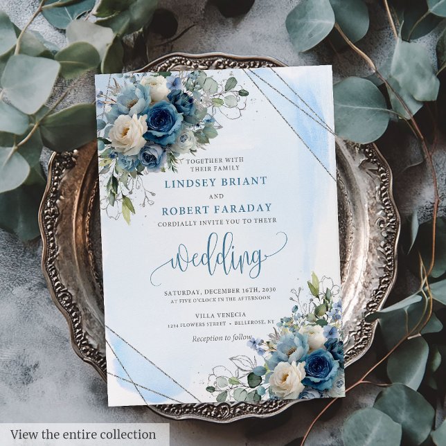 Elegant Dark Blue Roses Silver Frame Wedding  Invitation (Elegant Dark Blue Roses Silver Frame Wedding Invite)