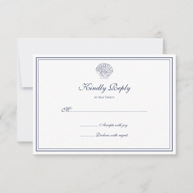 Elegant Dark Blue Shell RSVP Card (Front)