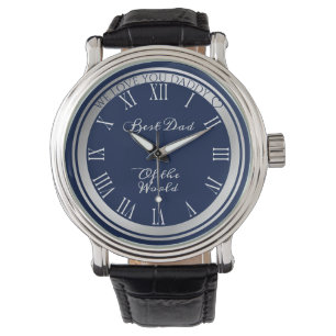 Elegant Dark Blue Silver Border Best Dad Text Watch