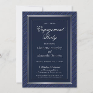 Elegant Dark Blue Silver Border Engagement Party Invitation