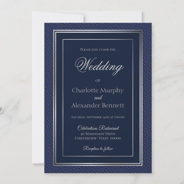 Elegant Dark Blue Silver Border Wedding Invitation (Front)