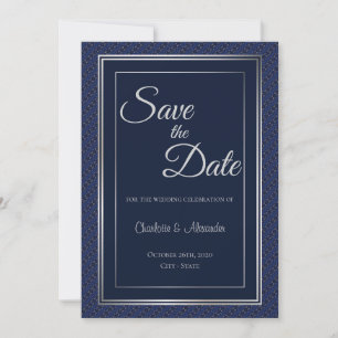 Elegant Dark Blue Silver Border Wedding Save the D Date