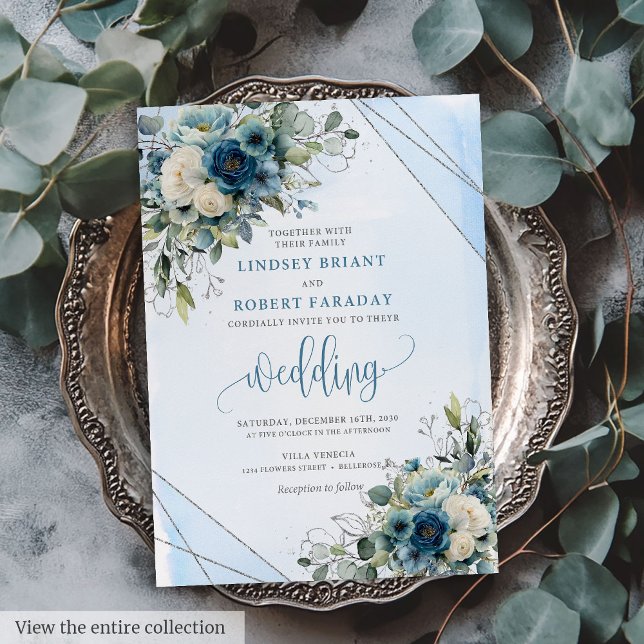 Elegant Dark Blue Silver Floral Wedding Invitation (Elegant Dark Blue Silver Floral Wedding Invitation)