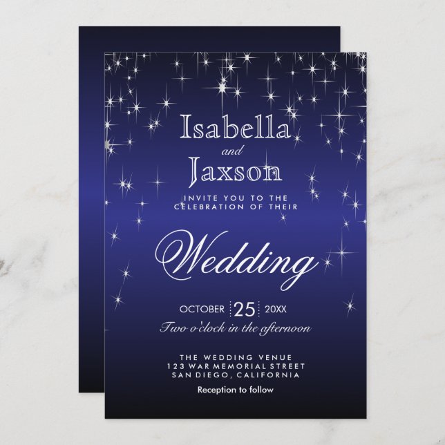 Elegant Dark Blue Star Lights Wedding Invitation (Front/Back)