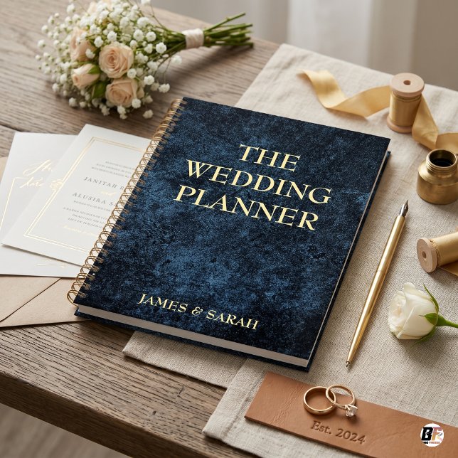 Elegant Dark Blue Textured Custom Wedding Planner (#wedding)