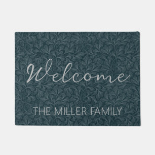 Elegant dark blue vintage floral design doormat