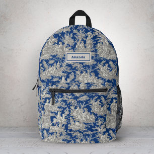 Elegant Dark Blue Vintage Toile de Jouy Monogram Printed Backpack