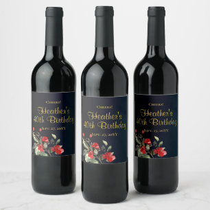 Elegant Dark Blue Watercolor Floral 40th Birthday Wine Label