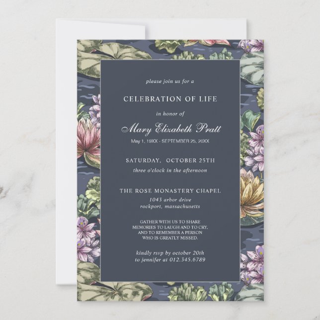 Elegant Dark Blue Waterlily Funeral Invitation (Front)
