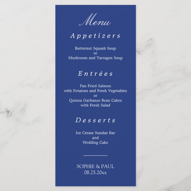 Elegant Dark Blue Wedding Menu (Front)