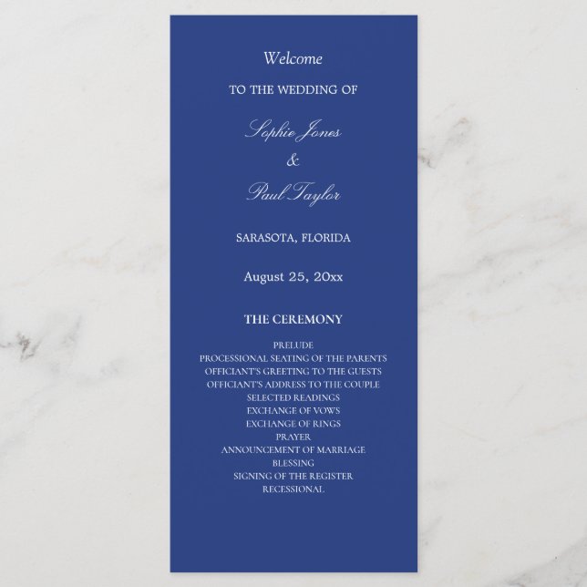 Elegant Dark Blue Wedding Program (Front)