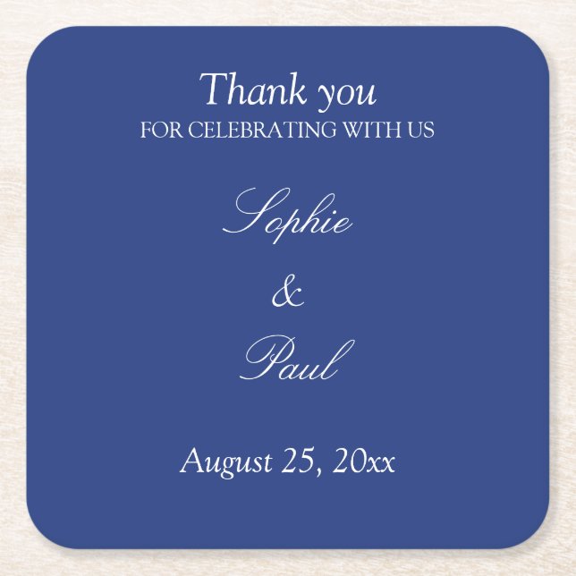 Elegant Dark Blue Wedding Thank You Square Paper Coaster (Front)