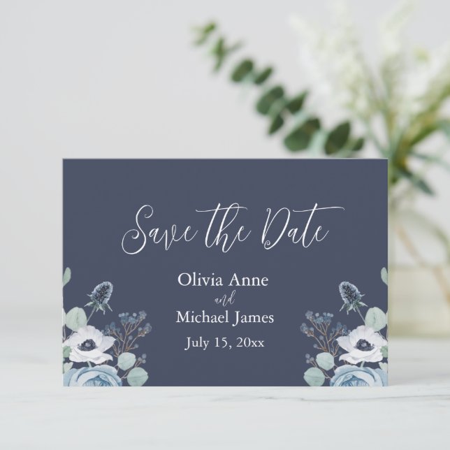 Elegant Dark Blue & White Floral Save The Date (Standing Front)