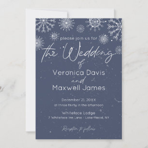 Elegant Dark Blue Winter Themed Snowflake Wedding Invitation