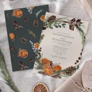 Elegant Dark Boho Citrus Greenery Winter Wedding Invitation