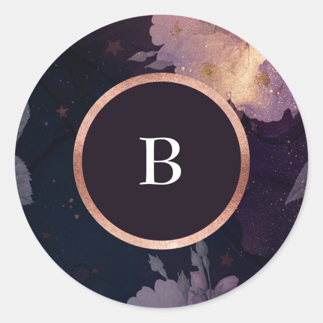 Elegant Dark Boho Floral Purple Rose Gold Wedding Classic Round Sticker (Front)