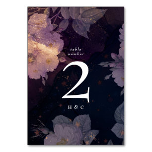 Elegant Dark Boho Floral Purple Rose Gold Wedding Table Number