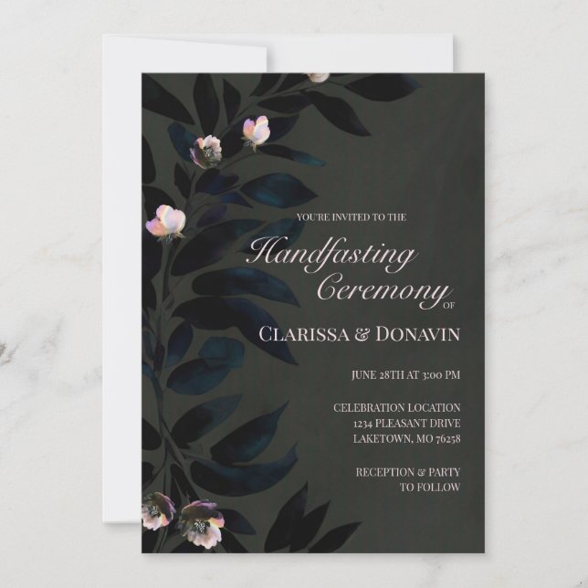 Elegant Dark Boho Handfasting Floral Leaves Invitation (Front)