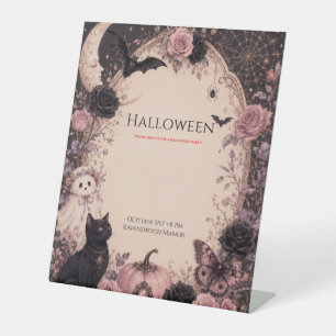 Elegant Dark Botanical Halloween Party Pedestal Sign