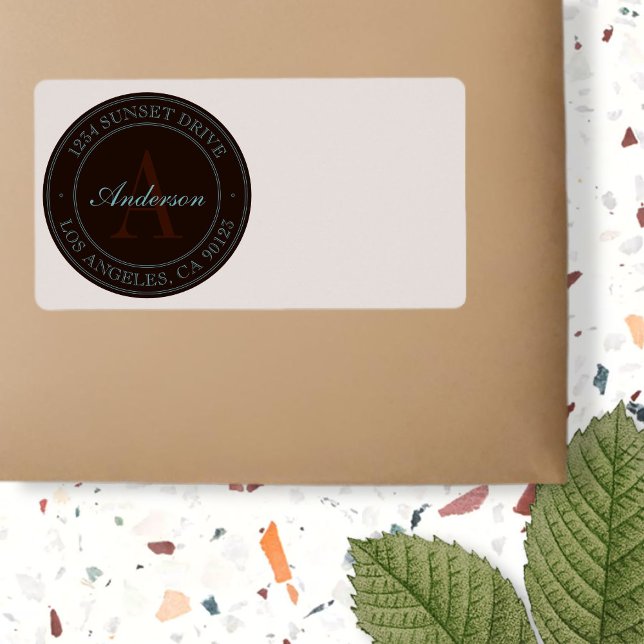 Elegant Dark Brown & Light Teal Monogram Address (Creator Uploaded)