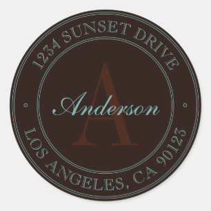 Elegant Dark Brown & Light Teal Monogram Address Classic Round Sticker