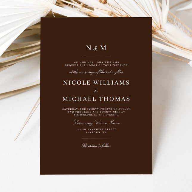 Elegant Dark Brown Monogram Classic Wedding Invitation (Creator Uploaded)
