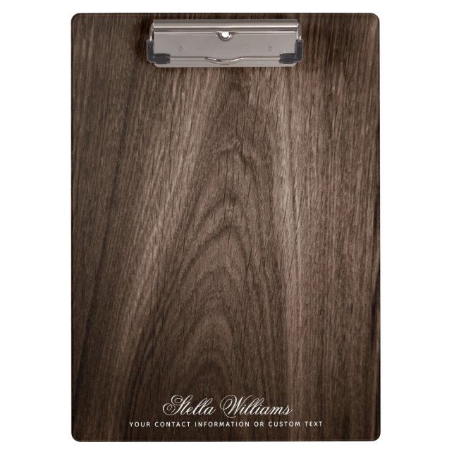 Elegant dark brown oak wood grain custom name clipboard (Front)