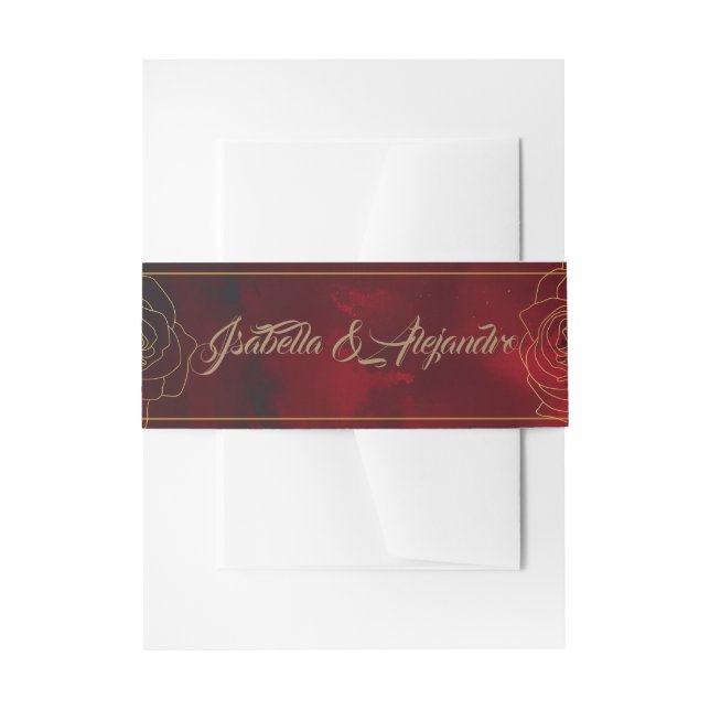 Elegant Dark Burgundy and Gold Floral Wedding  Invitation Belly Band (Front Example)