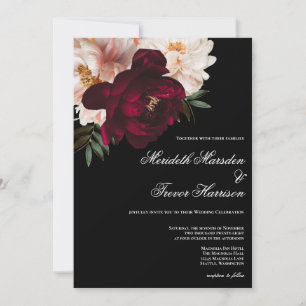 Elegant Dark Burgundy & Blush Floral Black Wedding Invitation
