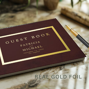 Elegant dark burgundy gold foil typography wedding guest book
