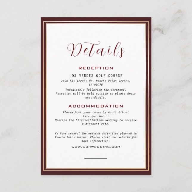 Elegant Dark Burgundy & Gold Frame Wedding Details Enclosure Card (Front)
