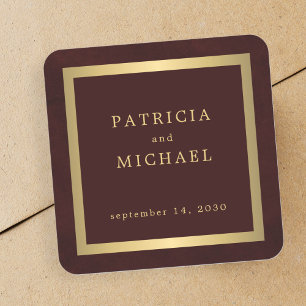 Elegant dark burgundy gold personalized wedding  square sticker