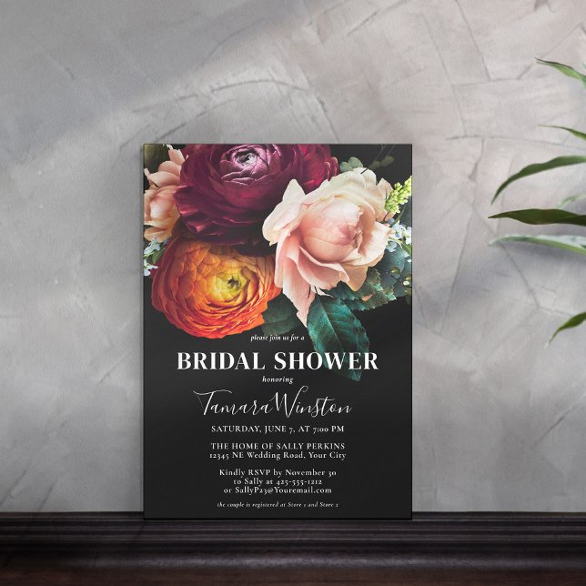 Elegant Dark Burgundy Orange Floral Bridal Shower Invitation (Creator Uploaded)