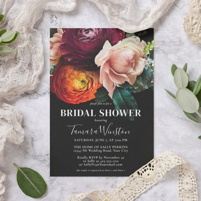 Elegant Dark Burgundy Orange Floral Bridal Shower  Invitation (Creator Uploaded)