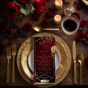 Elegant Dark Burgundy Red Rose and Gold Wedding Menu